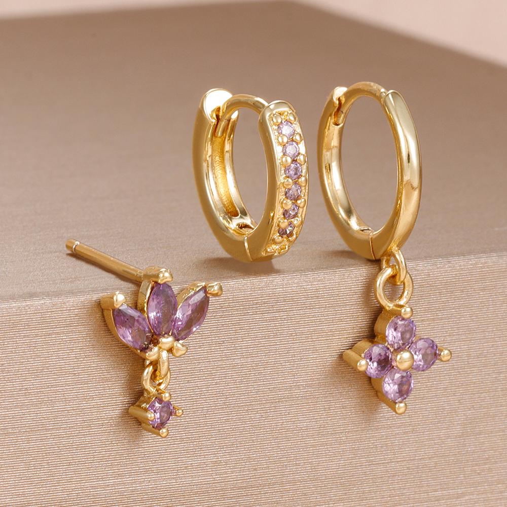 3-teiliges Modisches Orange Blau Zirkon Hängende Ohrringe Set für Damen Edelstahl Blume Dangle Ohrring Piercing Schmuck