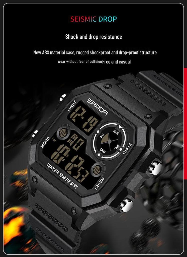 Sanda Unisex Fashionable Square Luminous Multifunctional Waterproof Electronic Watch