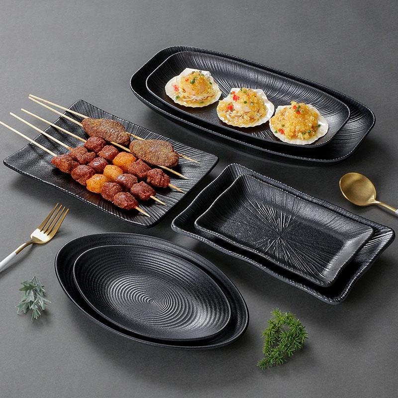 1PC Black Melamine Plate Canteen Thickened Plastic Cutlery Dinner Plates Non-breakable Barbecue Sushi Plate Kitchen Accessories