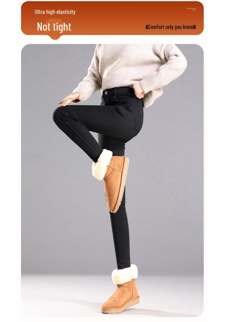Women's Black Lambswool Leggings: Warm, Thickened Fleece-Lined, Slim Pencil Style, Ideal for Autumn/Winter 2025