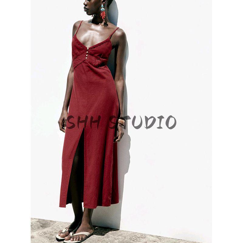 Summer New Women Clothes Frill Decoration V-neck Linen Blend Temperament Sling Midi Dress 8372117