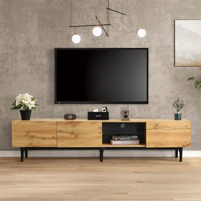 TV Cabinet with LED Lights, Modern TV Lowboard with Wood Grain, Television Table with 3 Cabinets, Industrial Design