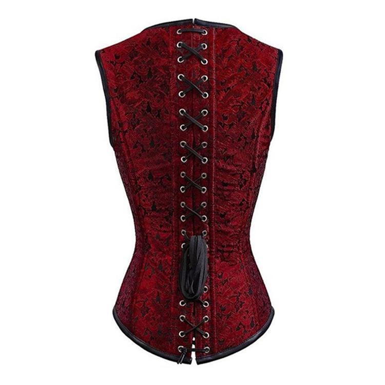 European & American Court Style Black Lace-Up Sleeveless Corset with 12 Steel Bones & Double-Breasted Chain Buttons.