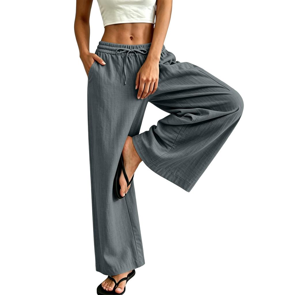 Women's Cotton Linen Straight Leg Pants - Elastic Waist with Drawstring, Casual Color Trousers with Pockets