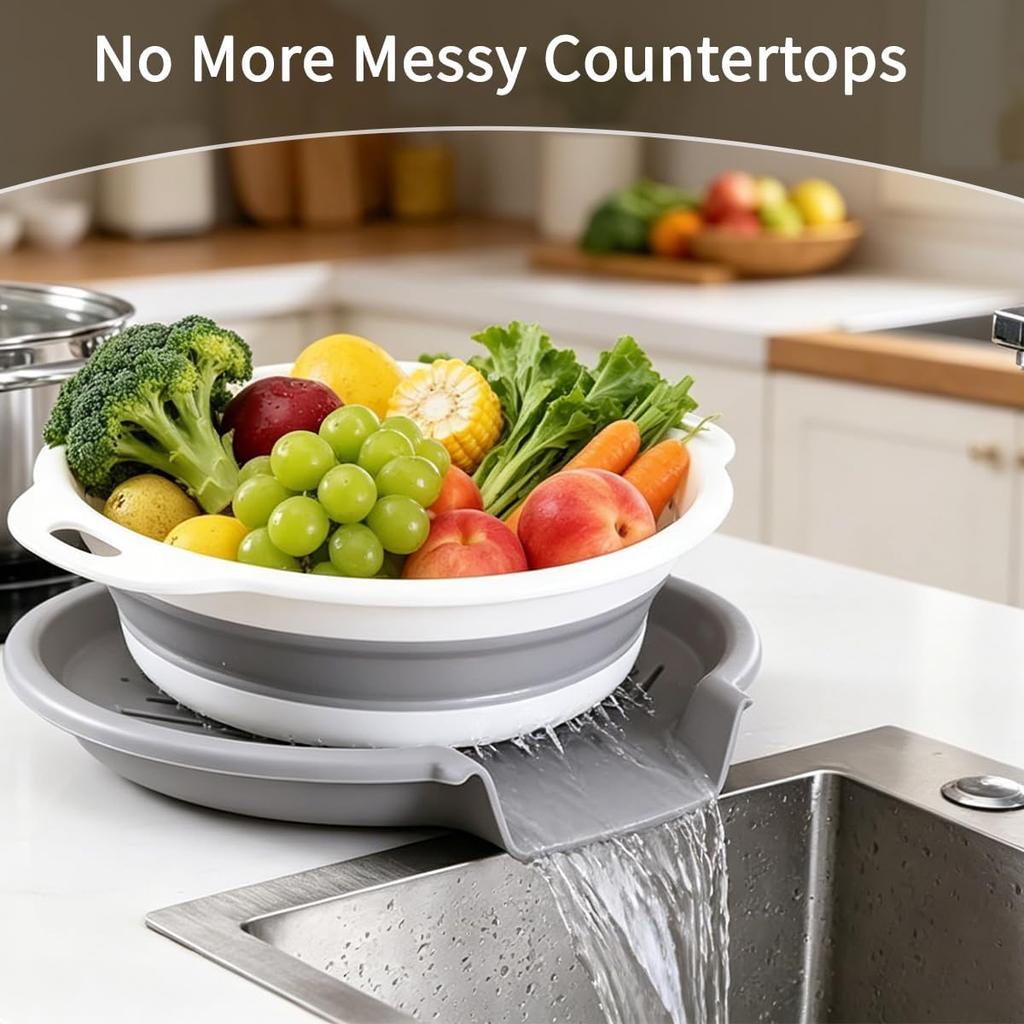 Collapsible Colanders Set of 4 - Food Strainers with Oversized Over Sink Draining Tray,Space Saving Foldable Kitchen Strainer Basket for Washing