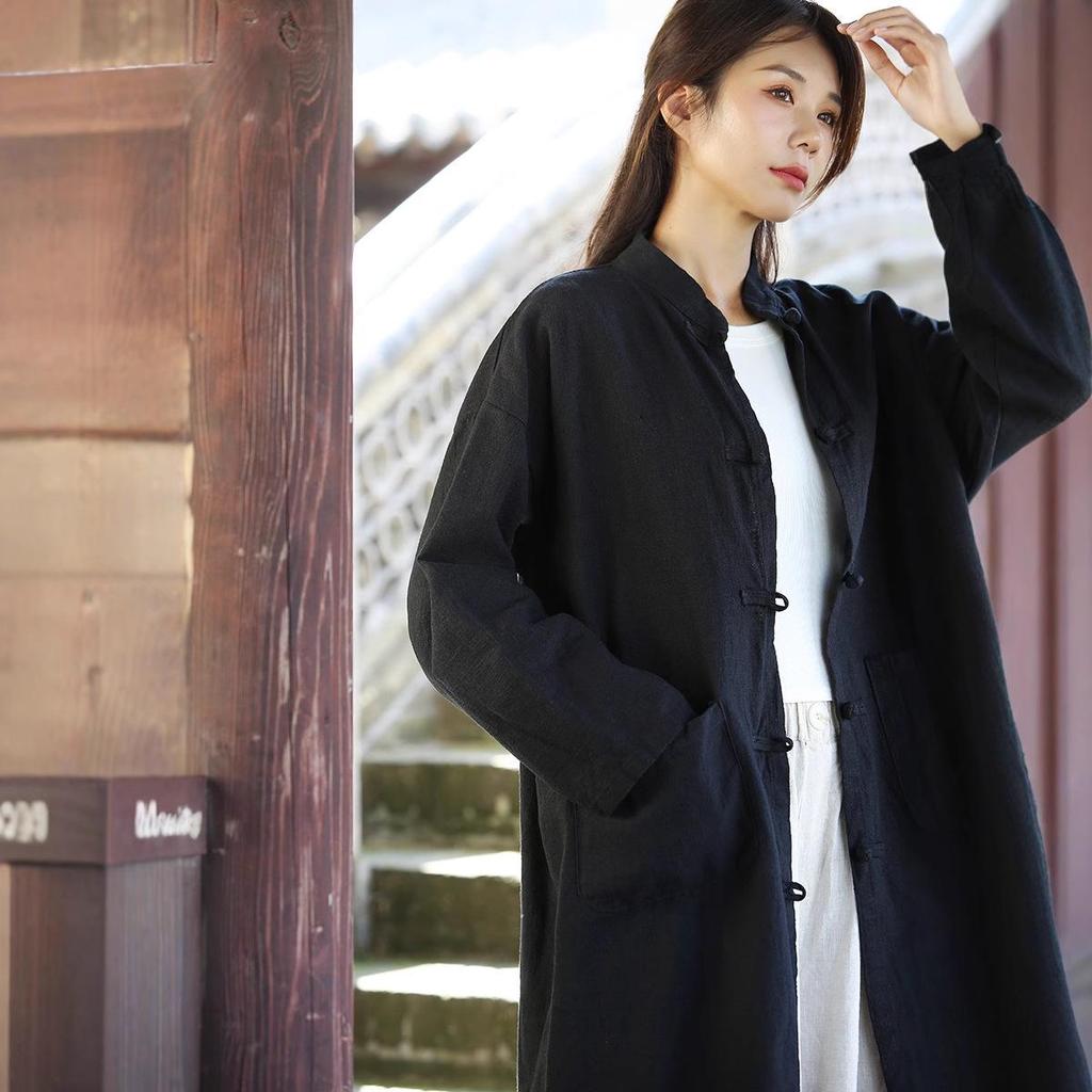 Cardigan de damă din amestec de bumbac și in de lungime medie - Retro spălat cu nisip