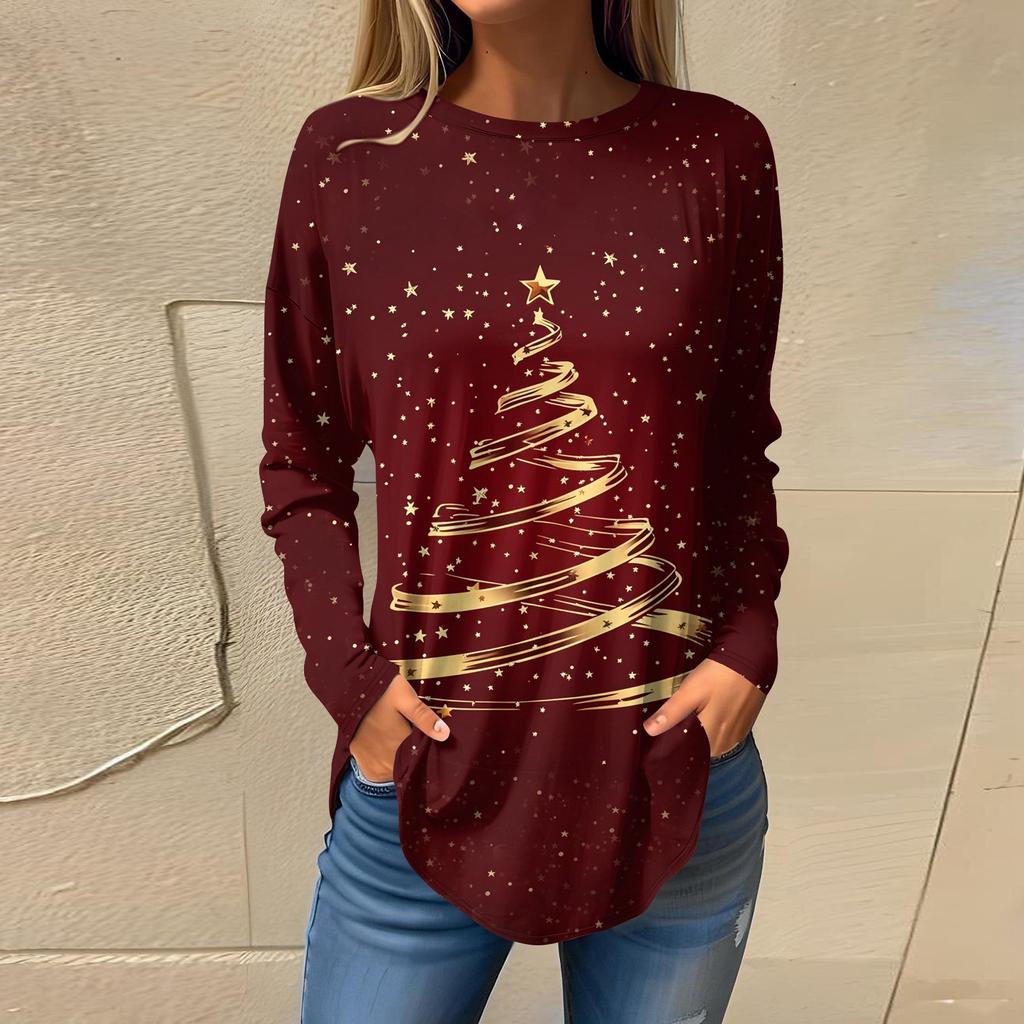 Tee Shirts For Women Fall Casual Long Sleeve Shirts Sweatshirt Vintage Graphic Christmas Printing Top Pullover