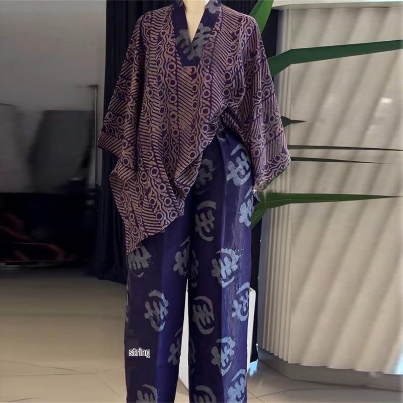European & American Women's Summer 2026 Sweet Floral V-Neck Batwing Sleeve Top & High Waist Straight Leg Pants Set