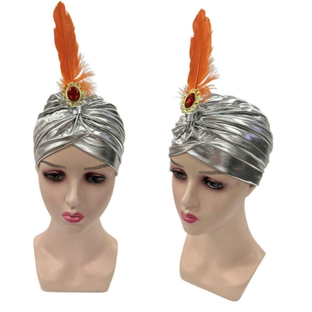 Rhinestones Feather Turban Hat Dress Up Indian Pleated Cap Arab Pleated Turban Costume Accessory