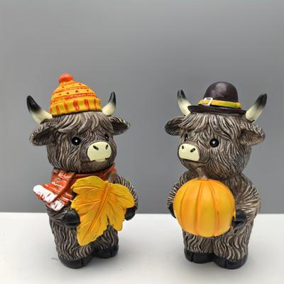 Yousheng Halloween Highland Cow Resin Figurine Ornament Scottish Culture Symbol Handmade Pumpkin Maple Leaf Cow Statue