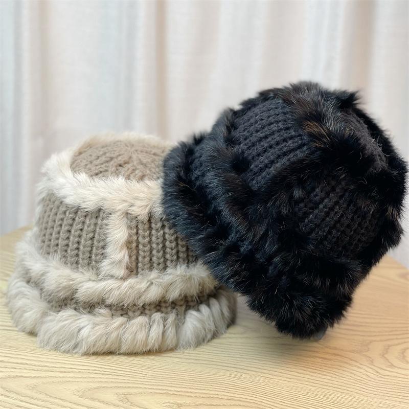 Hat Women's Autumn and Winter Thickened Plush Knitted Hat Cold Bucket Hat Warm Wool Hat