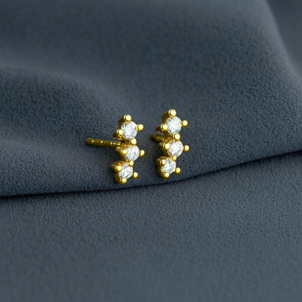 Minimal Vertical Triple Stud Earrings - 925 Sterling Silver Yellow Plated