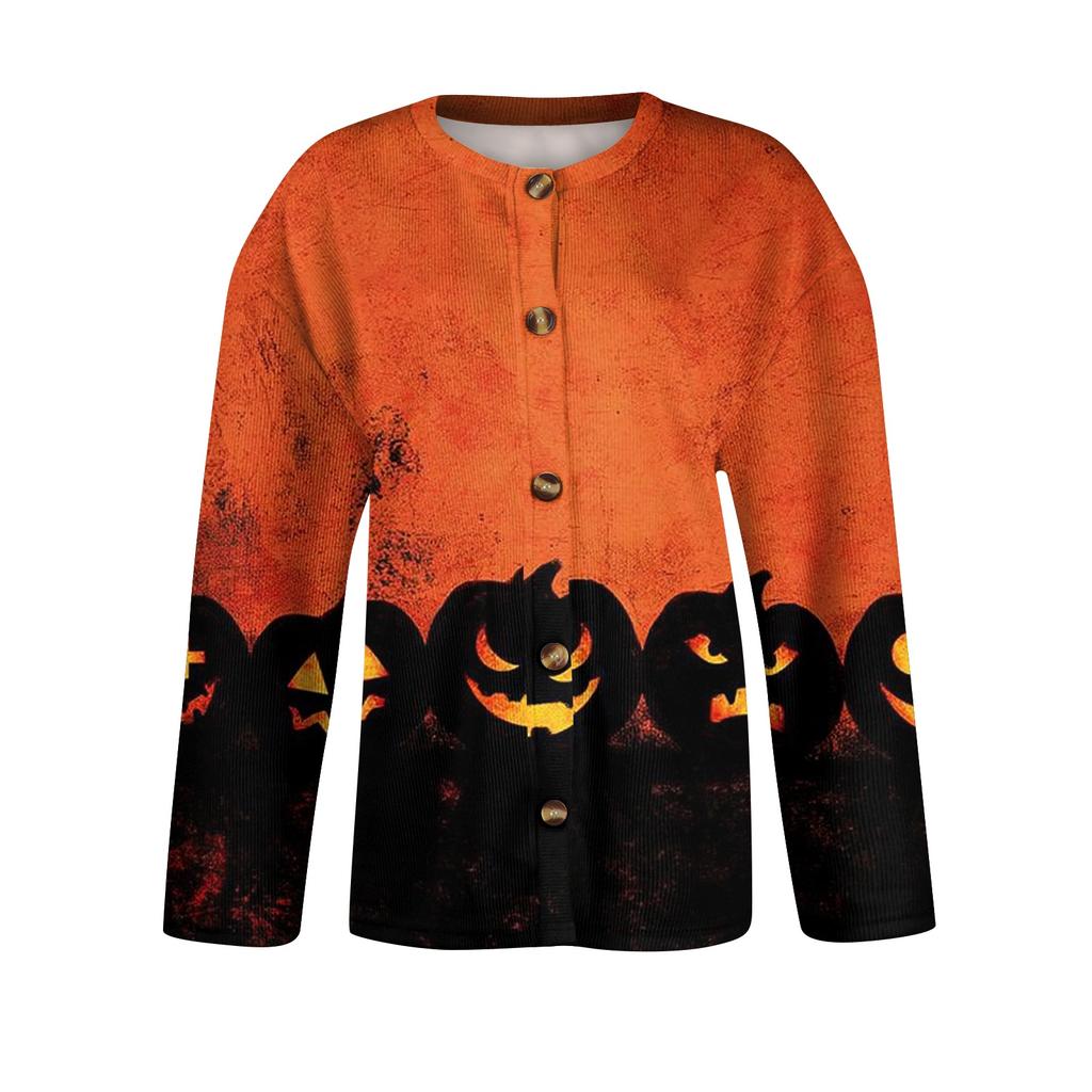 Damen Halloween Print Langarm Strickjacke Knopfleiste Mantel