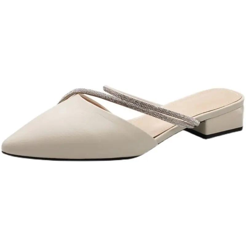 Mules Women's Slippers and Ladies Sandals Rhenstone Leather Pointed Toe Crystals Jewels Flat Outside Job Shoes Off White Slides