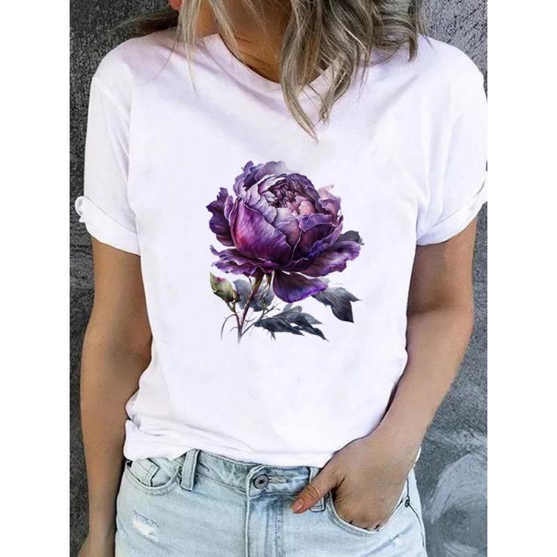 Cute Floral Print T-shirt Ladies Fashion Short-sleeved Clothing Casual Loose Top