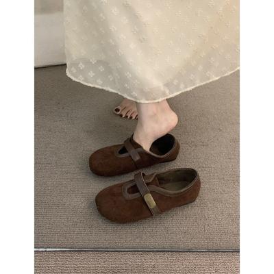 Deep Mouth Round Head Suede Brown Mary Jane Single Shoes Women's Retro Velvet Birkenstocks Cotton Shoes