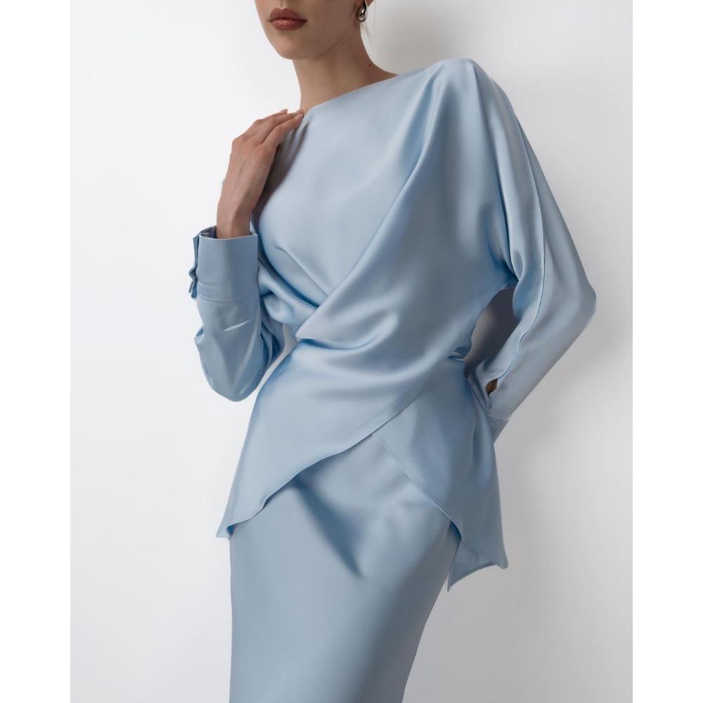European and American Hot Style Elegant Satin Suit Women's Long Sleeve Tie Top Two-piece Skirt Set