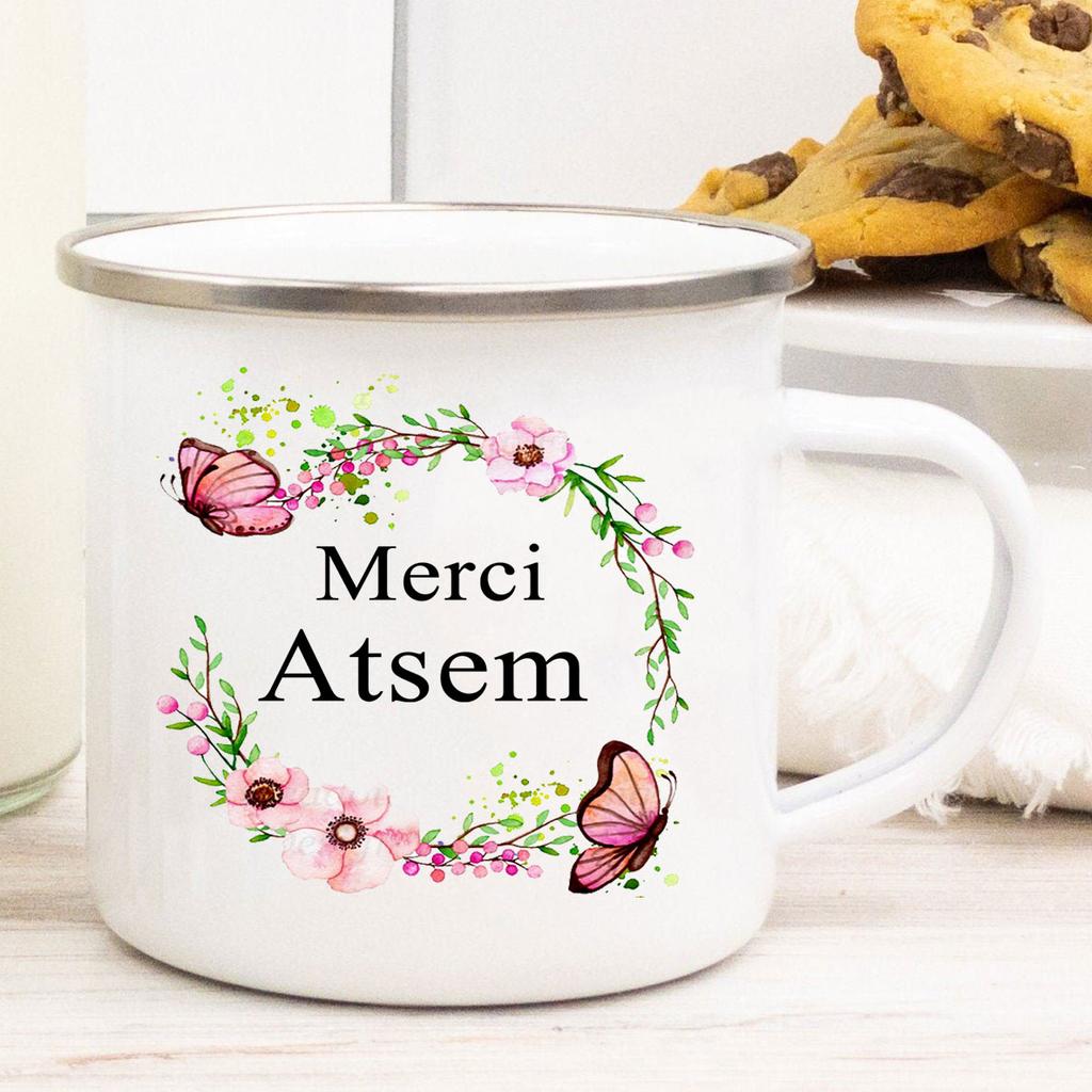Französisch Danke Atsem Druck Emaille Tassen Kreative Kaffeetasse Getränke Saft Milch Tassen Schule Zuhause Henkel Trinkgeschirr Lehrergeschenke