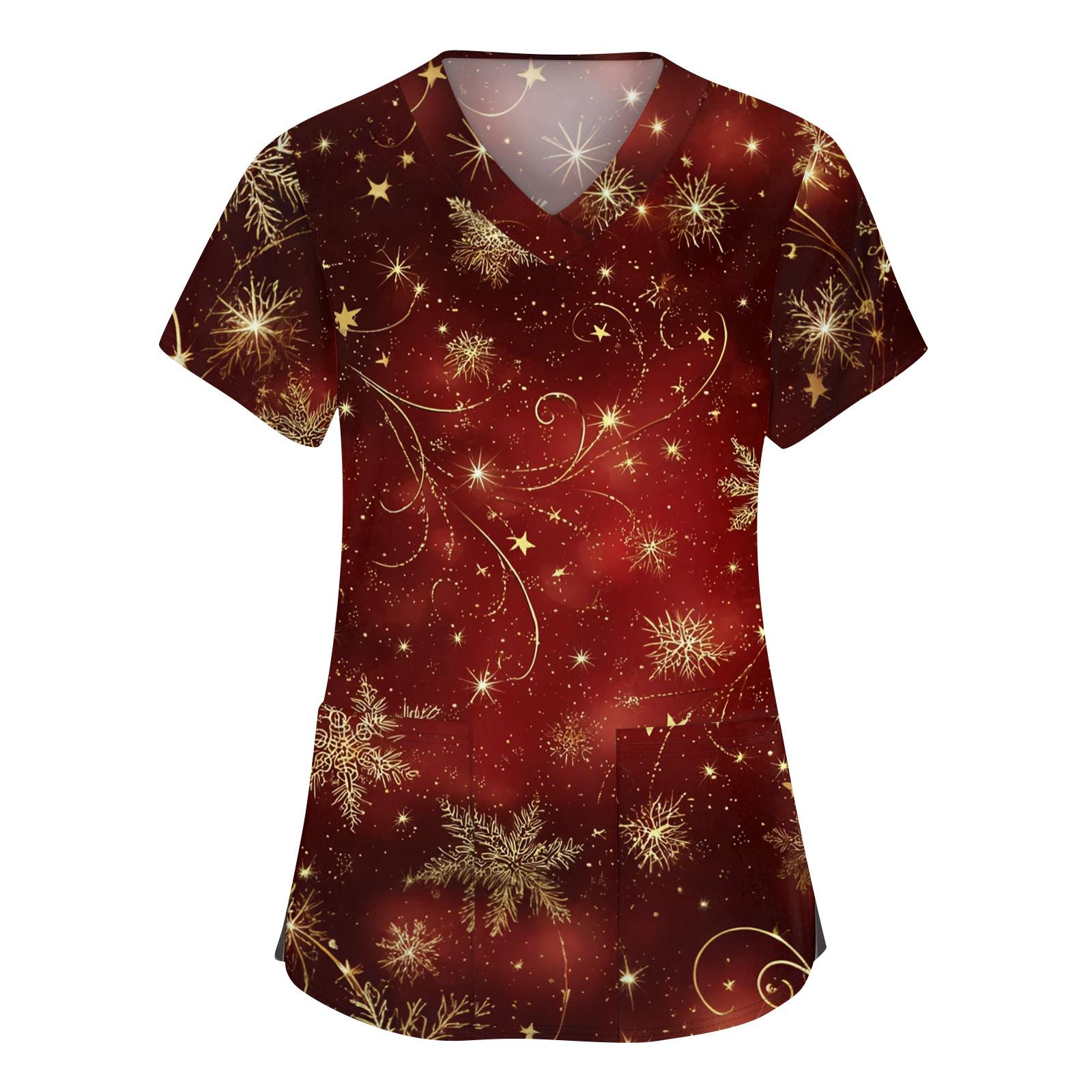 

Женская мода с v-образным вырезом, короткими рукавами и карманами, топы с рождественским принтом L