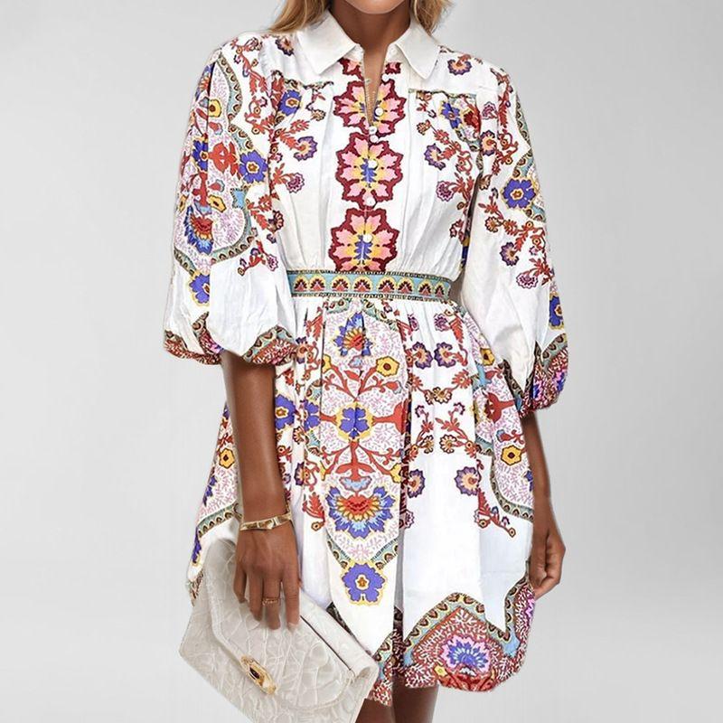 

Printed Dress2025 European and American Women clothes Fashion V-neck Lantern Sleeve Temperament Print Waist Hugging Slimming Dress Picture Color 3XL