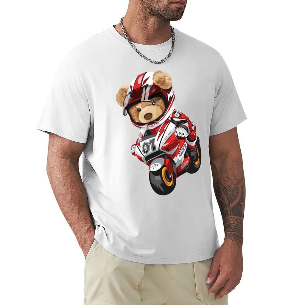 Teddy Bear Riding Racing Motorbike T Shirt Harajuku Short Sleeve T-shirt 100% Cotton Graphics Tshirt Tops