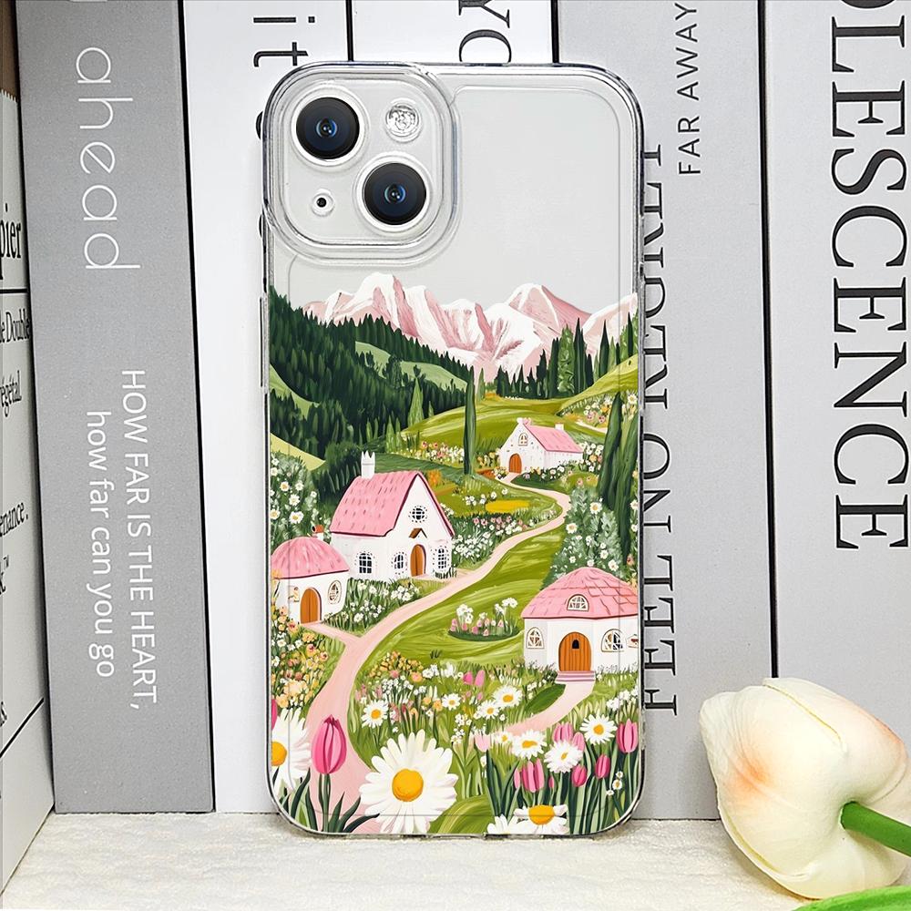 Pink House Holiday Home Grange Scenery Phone Case for iPhone 17 16 15 14 11 12 13 Pro Max 7 8 Plus 12 13 Mini X XS XR Soft Cover