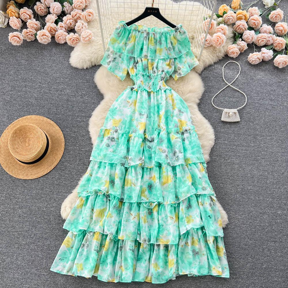 

Летнее французское платье с фрагментарным цветком и одной линией шеи, милое платье высокого качества с плиссированной талией и запахом One Size