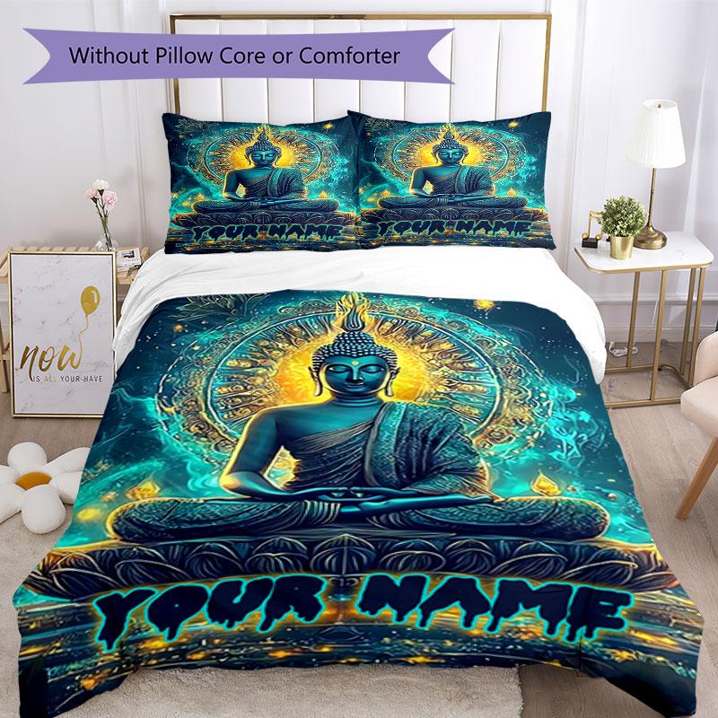 3PC Custom Name Buddha Enlightenment Journey Bedding Set Duvet Cover Closure Includes 1 Duvet Cover & 2 Pillowcases for Bedroom