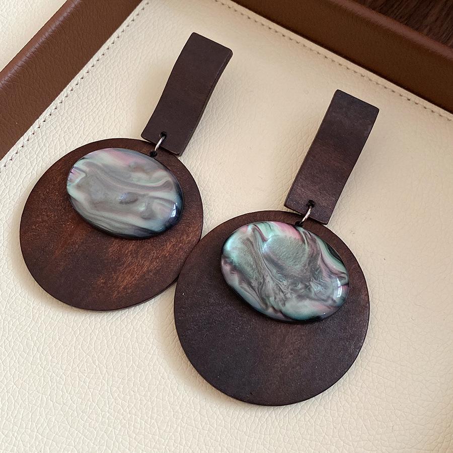 Silver needle wood round pendant earrings ethnic style retro personality temperament earrings niche high-end earrings