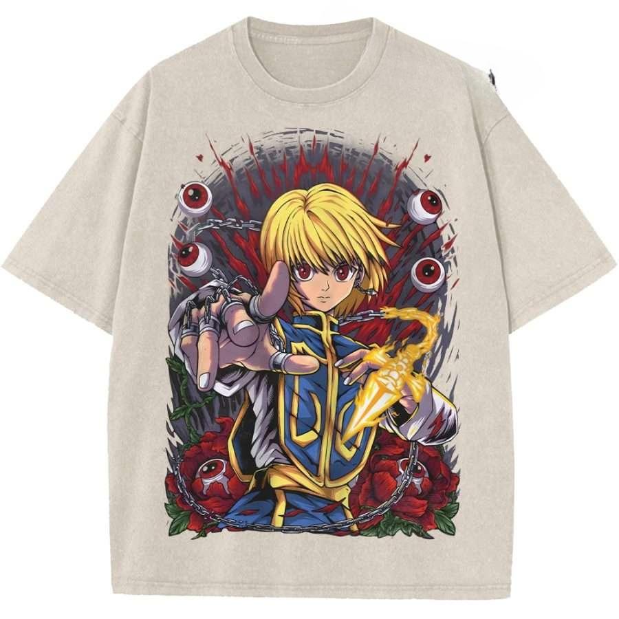 Anime Hunter x Hunter Kurapika Graphic T Shirt Men Short Sleeve Clothing Casual Cotton Tshirt Retro Washed T-shirt Harajuku Tops
