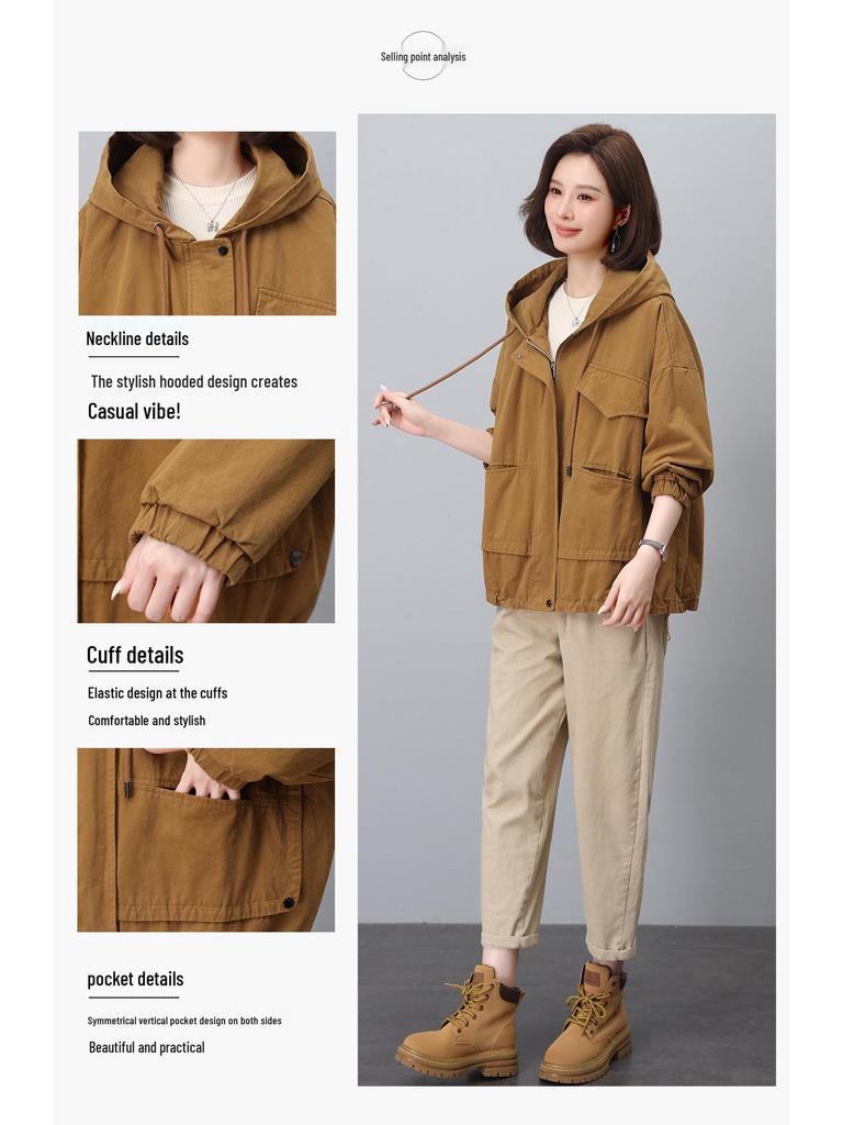 2024 Plus Size Hooded Trench Coat for Women - Loose Fit Spring & Autumn Workwear Jacket