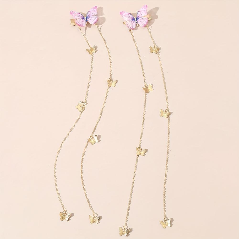1Pair of Girls Retro Antique Gauze Butterfly Long Chain Grab Clip Hairpin Leisure Daily Travel Hairpin Headdress