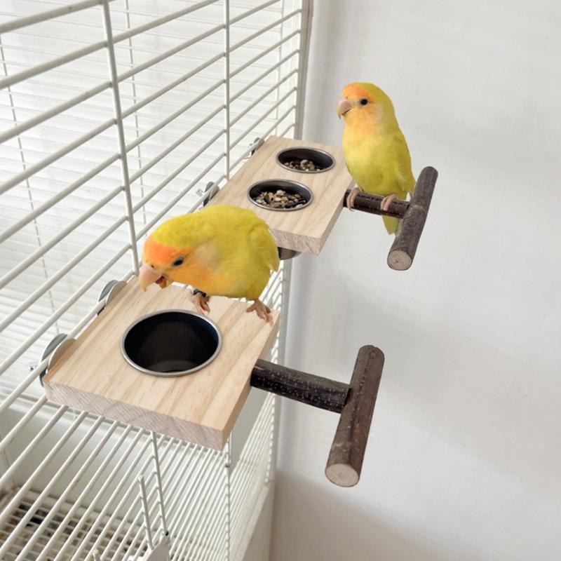 Wood Bird Standing Perch Birdcage Feeder Bowl Parrots Cage Entertainment Parrots Stand Perch Food Water Feeding Bowl