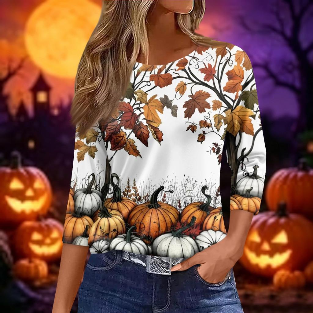 Women 3/4 Sleeve Casual Loose Fit Shirt Round Neck Pullover Halloween Print Top Lightweight Comfortable Blouse
