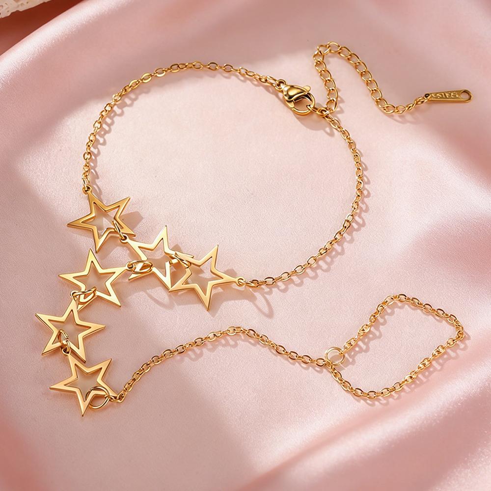 Star Charms Bracelet Ring Hollow Out Solid Stars Bracelet with Finger Chain Stainless Steel Adjustable Chain Jewelry Party Daily