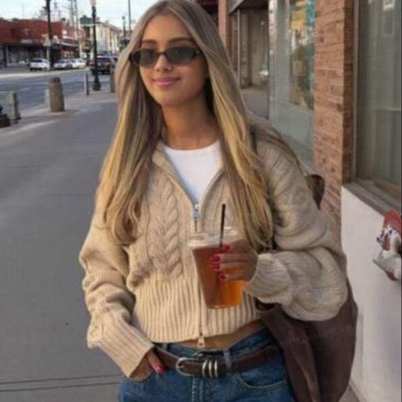 Za Export New Arrival Women's Clothing ZR Fashion Style Fashion All-Match Zipper Fancy Stand Collar Cable Stitch Knitting Cardigan