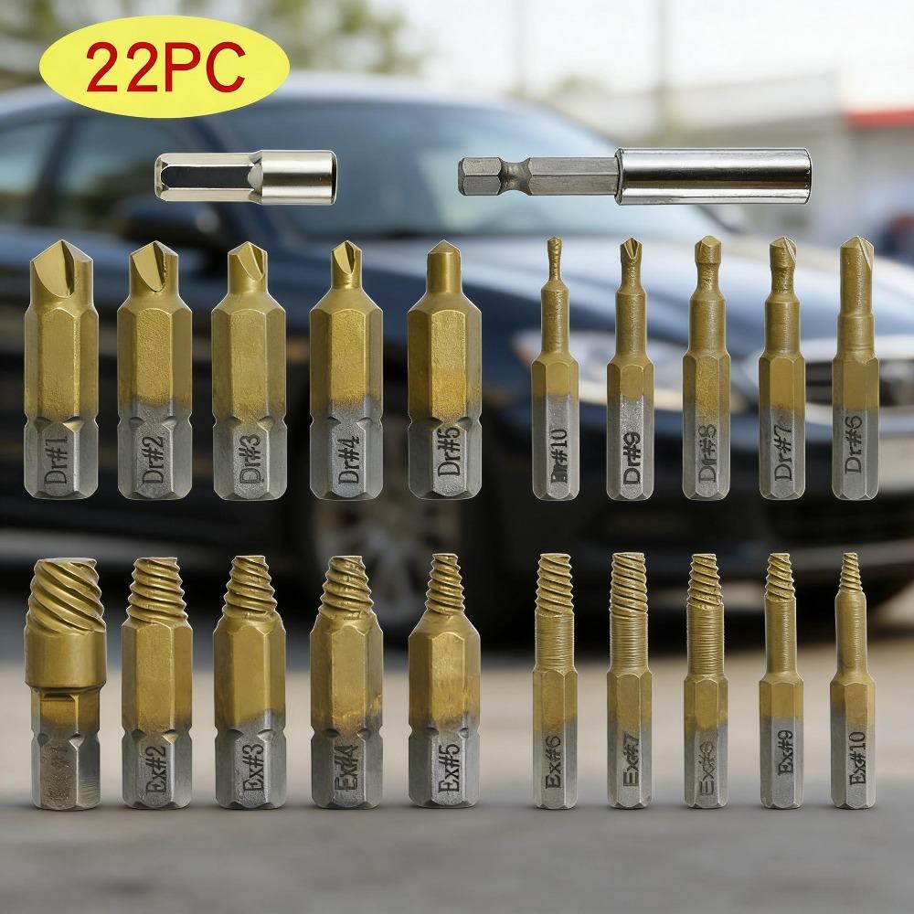 22 piece set of hexagonal shank screw extractor tool for repairing broken threads, reverse threads, and thread slippage