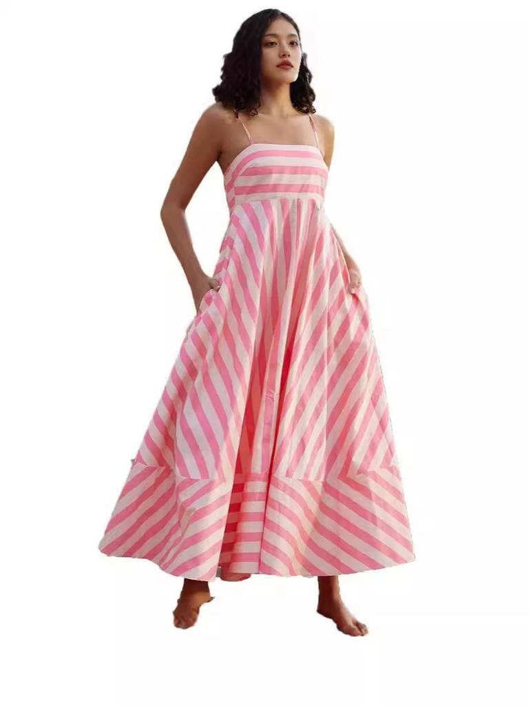 Summer New Sexy Strappy Printed Striped High Waist Wide Leg Dress