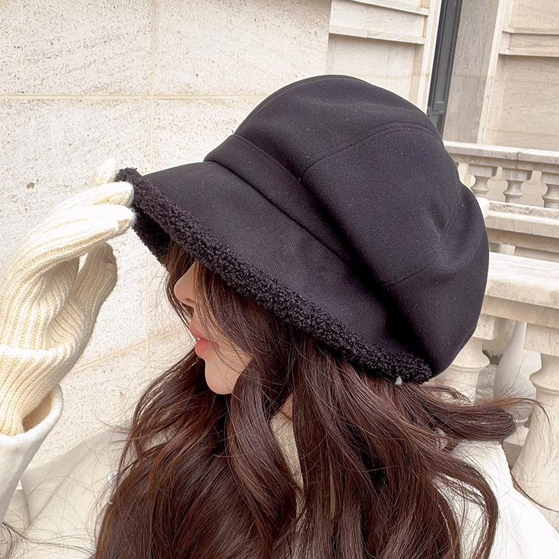 Beret Female Autumn and Winter Big Head Circumference Showing Small Face Plush Warm Cap Plain Plush Pile Bucket Hat