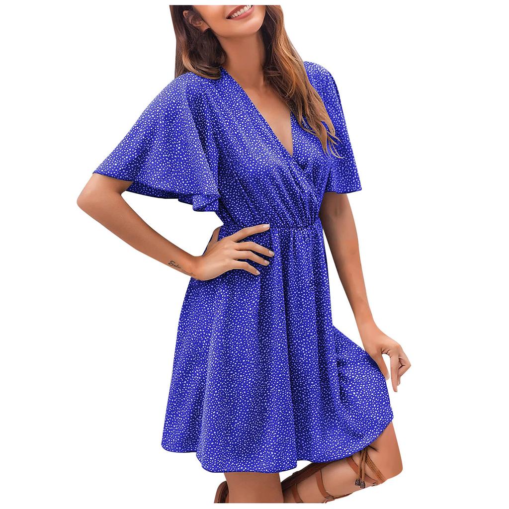 Women's Summer 2022 Ruffle Short Sleeve V Neck Print A Line Mini Dress