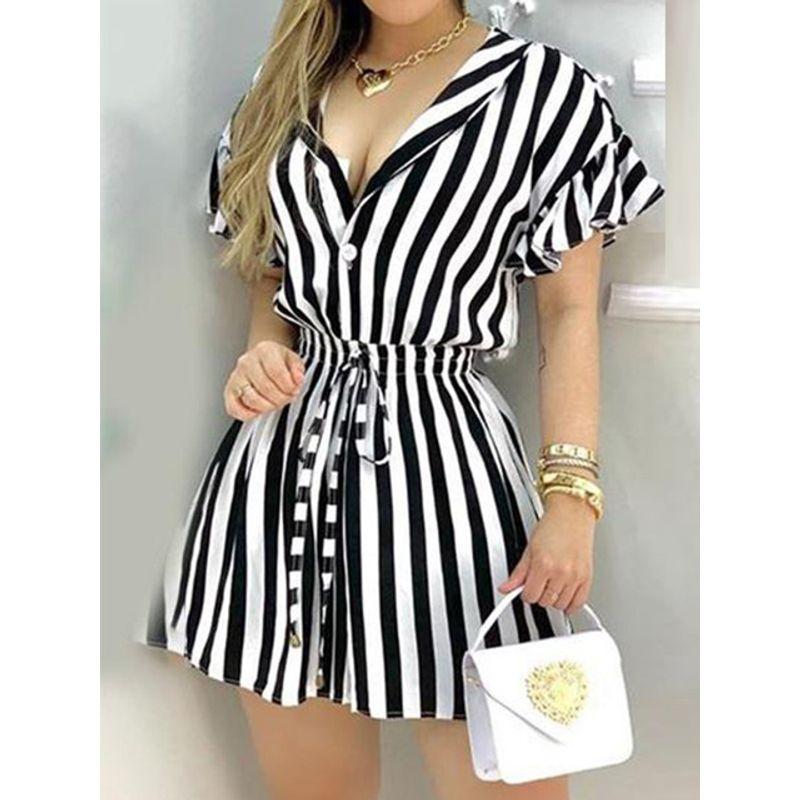 

Lapel Striped Waist Short Sleeve Dress Stripes Waist Trimming Short-Sleeved Dress black S