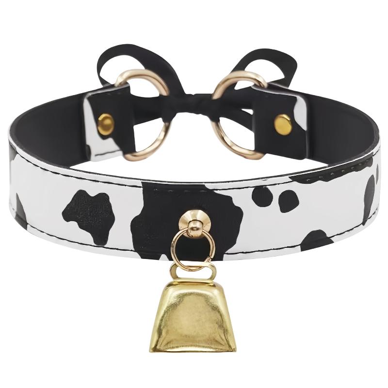 Sexy Leather Cow Print Bell Pendant Collar Choker Necklace For Women Punk Gothic Sweet Bow Necklaces Cosplay Party Jewelry Gifts