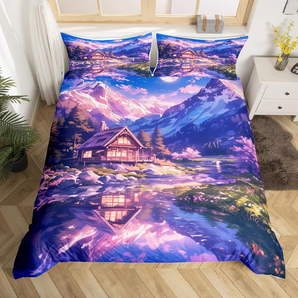 Japanese Landscape Duvet Cover Set For Teens Adults Queen Quilt Covers Lightweight Down 2 Pillowcases 1 Duvet Cover No Comforter
