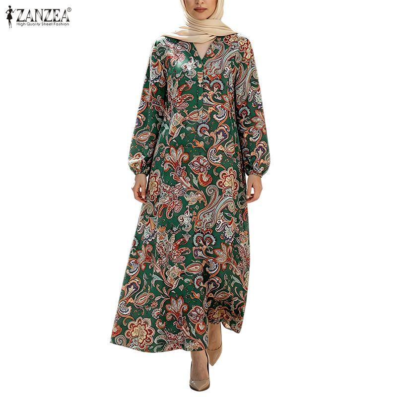 ZANZEA Abito Musulmano da Donna a Manica Lunga, Collo a V, Vestibilità Larga, Casual, con Stampa Etnica