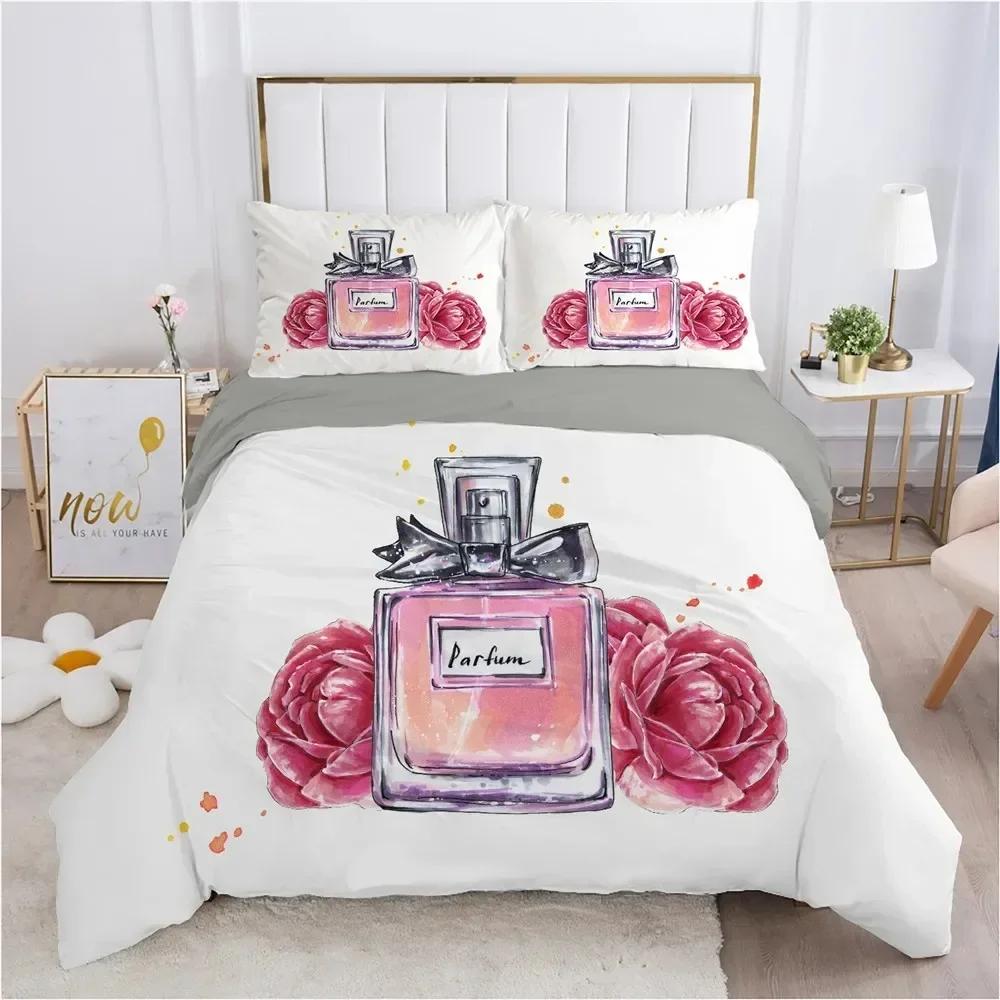 Perfume Floral Duvet Cover Set Pink Makeup Bedding Set With Pillowcase,Girls Women Romantic Fashion Gifts Comforter Cover Set