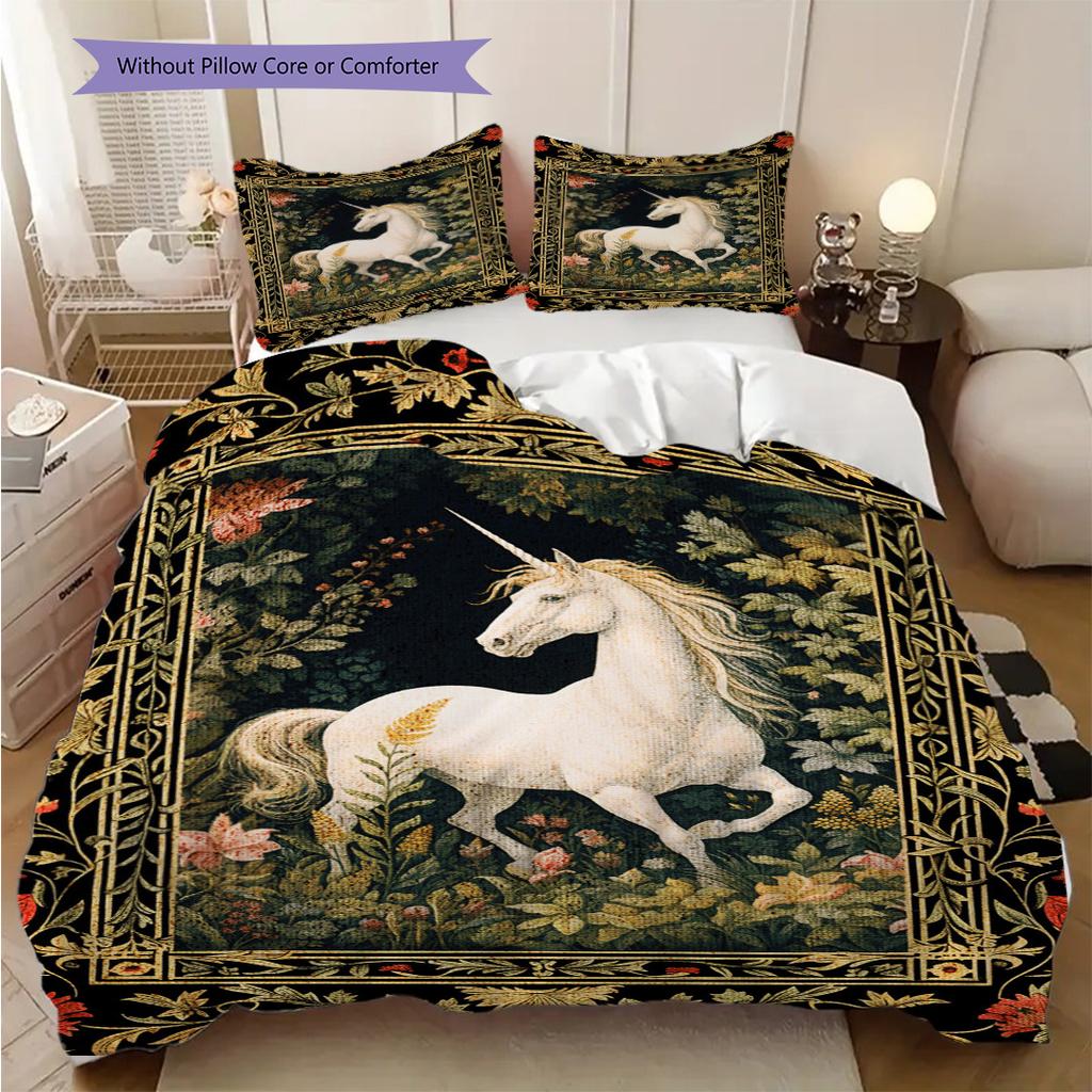 Medieval fairy tale aesthetics unicorn bedding, duvet cover, pillowcase, home decoration, birthday gift (1 * duvet cover+2 * pillowcase, coreless)