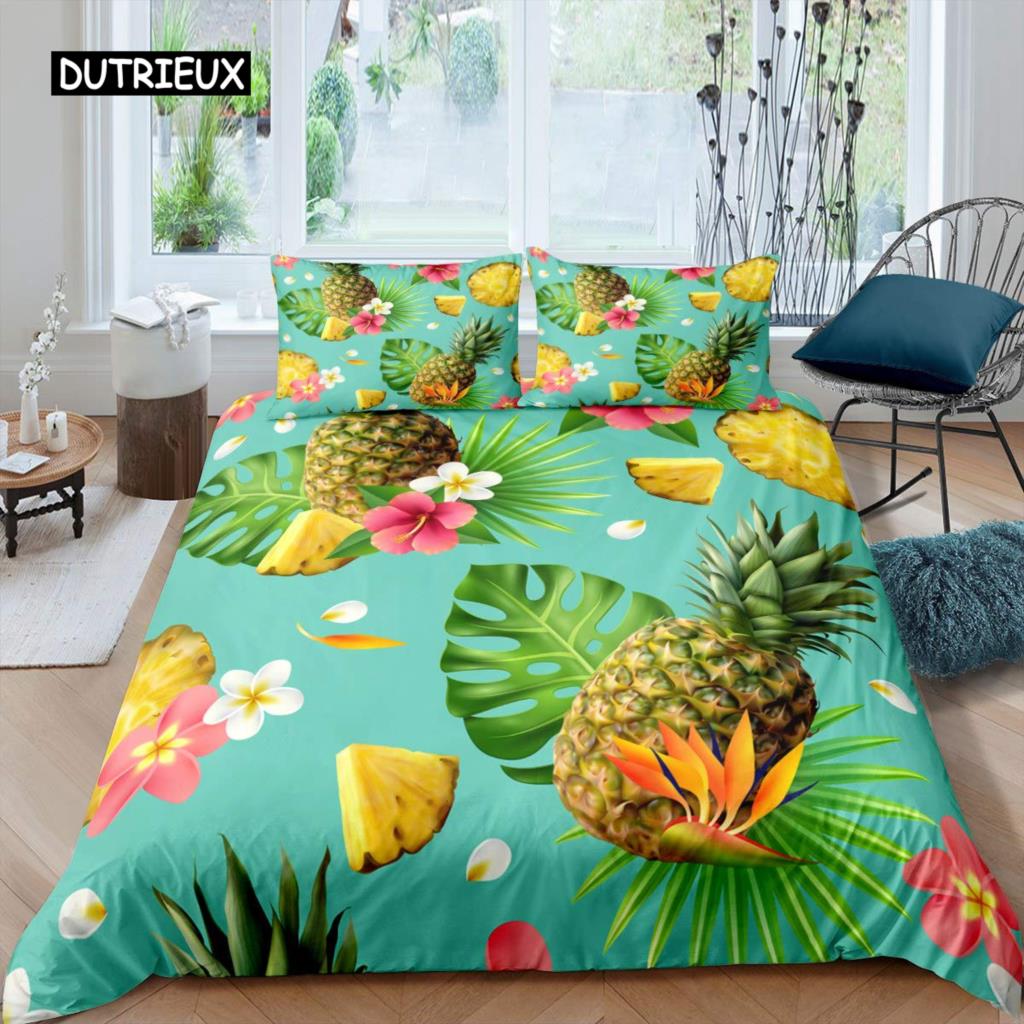 Pineapple Duvet Cover Set King Size Yellow Geometric Pineapple Bedding Set Seaside Beach Theme Fruit Printed Comforter Cover