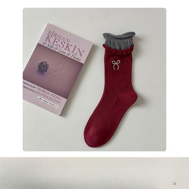 

Изысканные Ретро и Универсальные Двухшовные Носки до середины икры из Чесаного Хлопка с Вышивкой Бантом 1 pair темно-красного