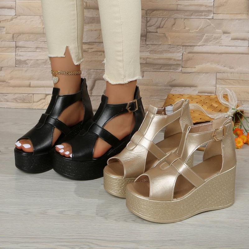 Plus-size platform high-heeled sandals for women, new summer style, wedge heel, peep toe, back zipper Roman sandals