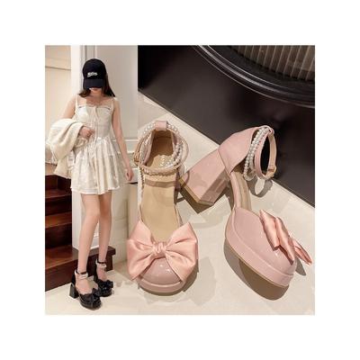 French Pearl Square Head Thick Heels Female Bow Hollow Sandals Waterproof Platform